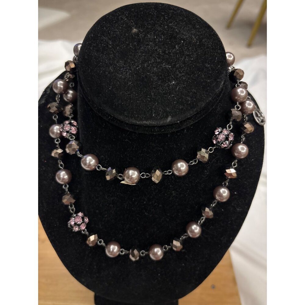 Trifari Necklace with Faux Pearls Faceted Beads & Pink Rhinestones Long